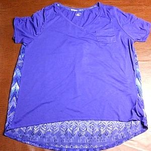 Catherines Women's plus size 1X Short Sleeve Purple & Multi Print V-neck Top